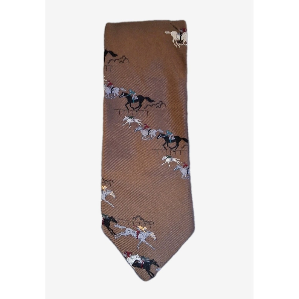 Vintage Jacobs Roberts Men's Brown Horse Racing Print Silk Hand Sewn Made USA